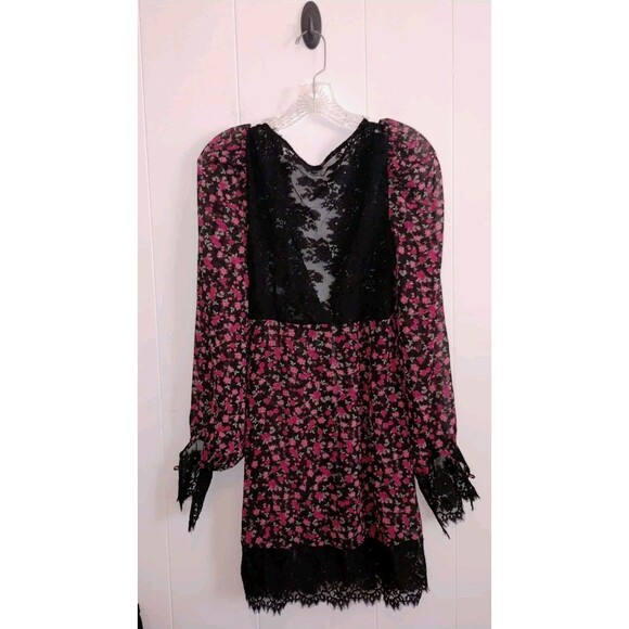For Love & Lemons | Black Pink Floral Lace V Neck Sheet Long Sleeve Dress Size S - Picture 1 of 4